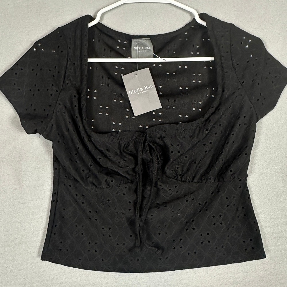 NEW Olivia Rae Top Womens Medium Eyelet Tie-Front Black Sweetheart Short Sleeve